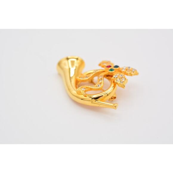 Merksamer Vintage Horn Pin Brooch Rhinestone Crystal Gold Tone Signed 90s BinAT - Picture 6 of 12